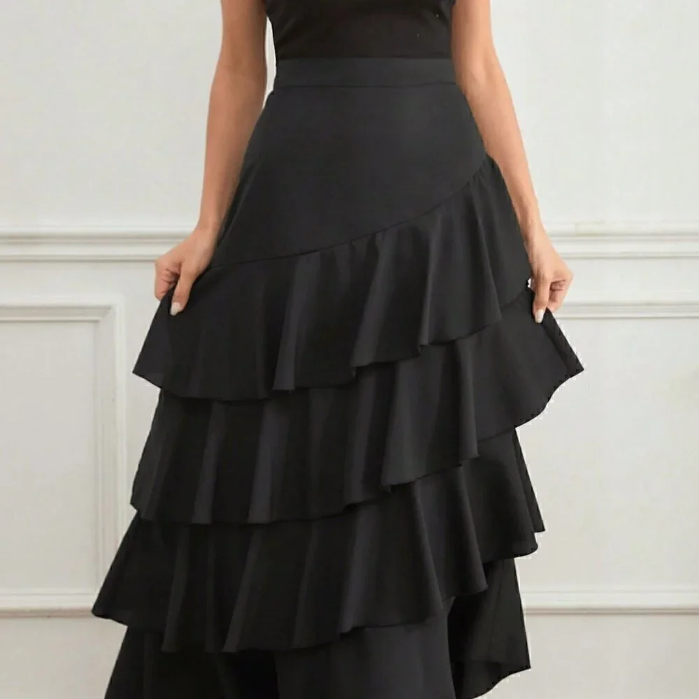 Black Preppy Women's Multi-Layer Ruffle Hem Midi Skirt